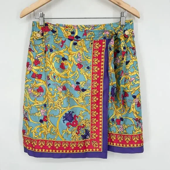 Vintage 90's Silk Mini Skirt Floral Baroque Scarf Print Satin Wrap Sara Campbell - Picture 1 of 10